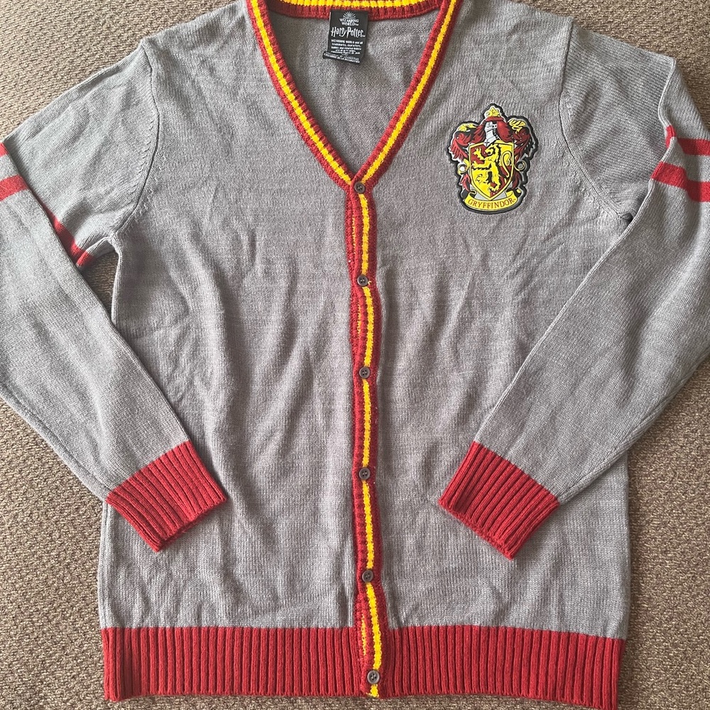 Warner Bros. Gray Cardigan with Red and Yellow Trim Gryffindor Crest